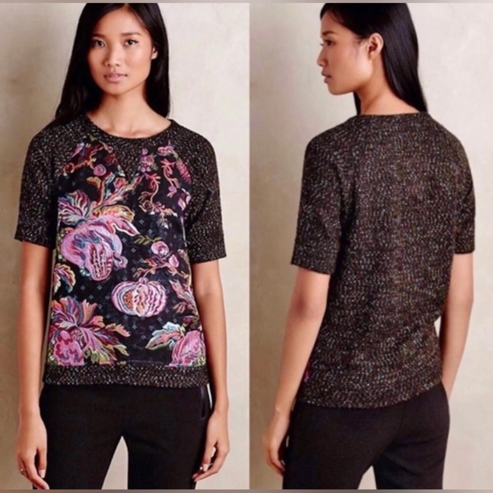 Anthropologie James Coviello Vivid Metallic Brocade Floral Black sweater top